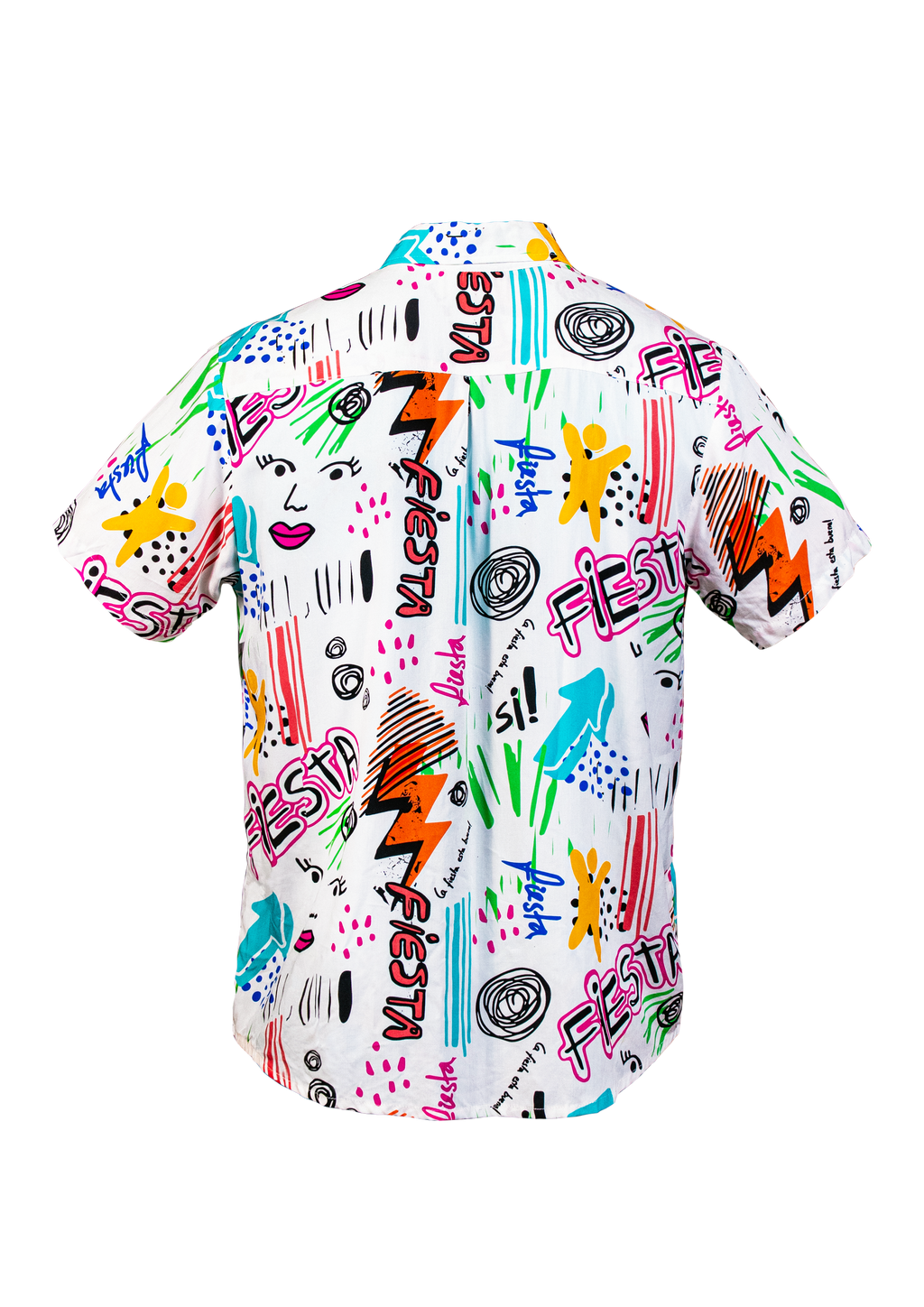 Colorful graphic t-shirt with abstract designs on a white background