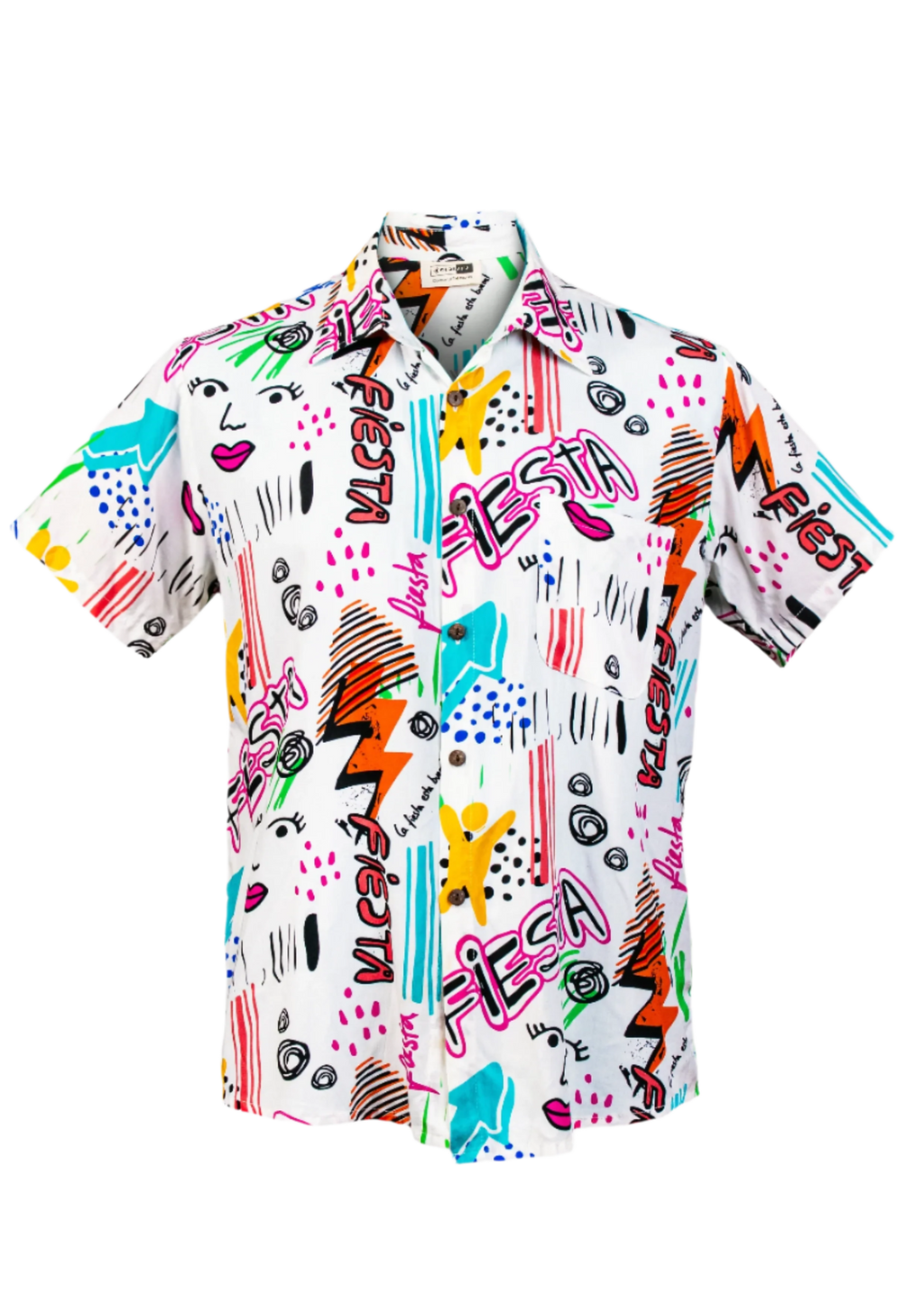 Colorful patterned shirt with abstract designs on a white background